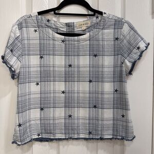 Anthropology Cloth and Stone top, Blue and white plaid with stars